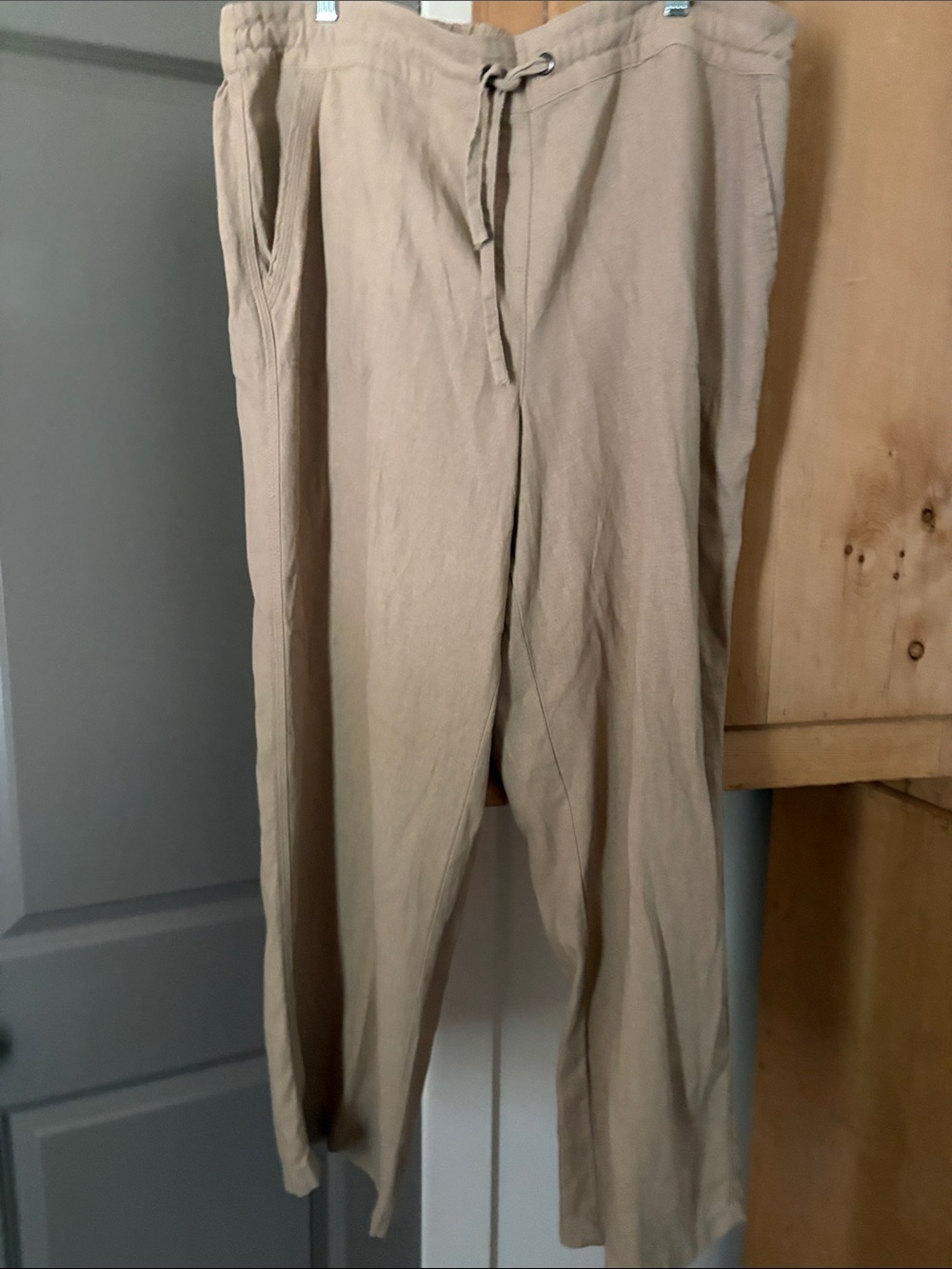 Wide-Leg Linen-Blend Pants in Tan with Drawstring Waist